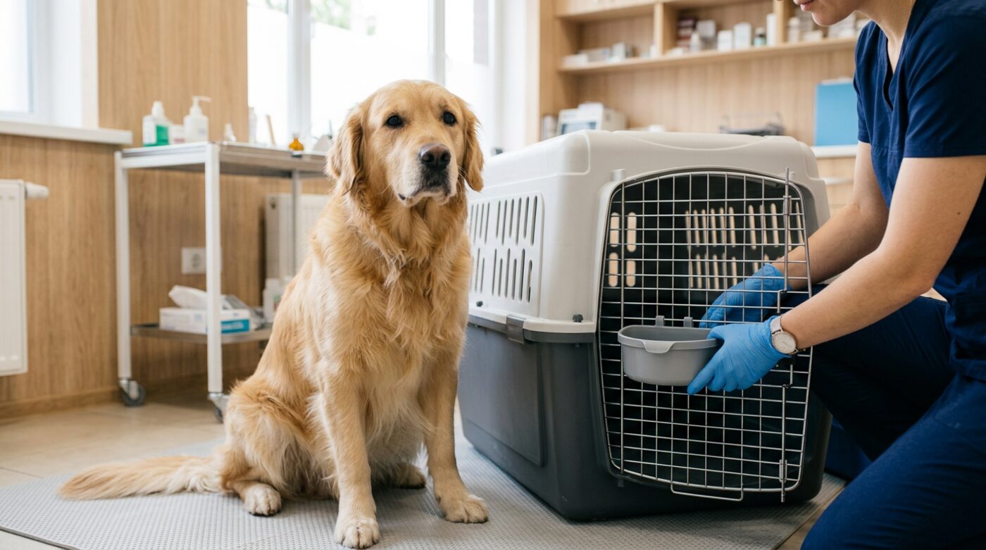 A golden retriever sitting beside an airline-approved travel crate while a team member fits a water bowl to the door