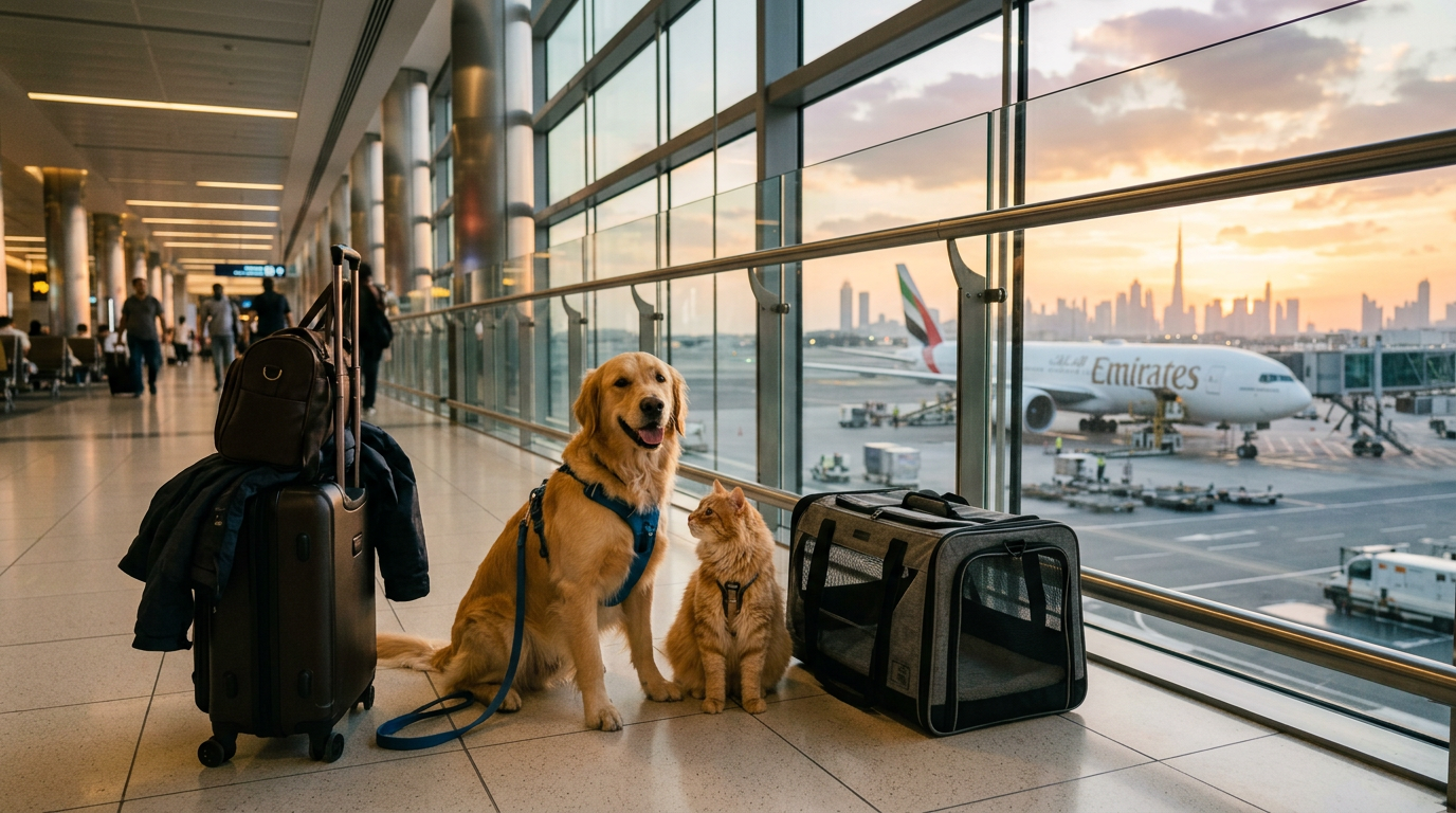 A golden retriever and a cat beside a travel crate in an airport terminal at sunset