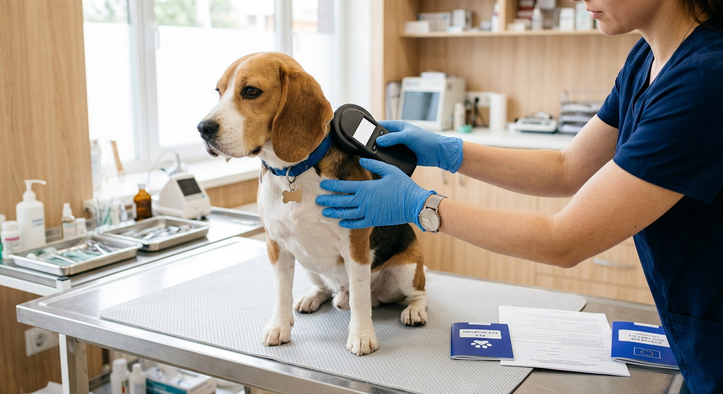 A vet scanning a beagle's microchip